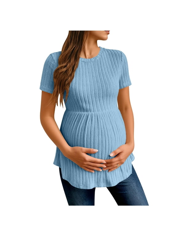 Women's Maternity Tops Casual Loose Round Neck Short Sleeve Blouse with Waist Ruffle Design Comfortable Pregnancy Shirt