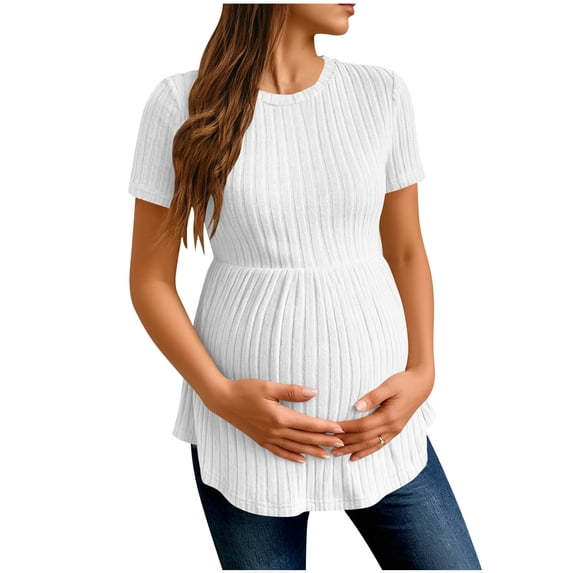 Ruimatai Women's Maternity Tops Casual Loose Round Neck Short Sleeve Blouse with Waist Ruffle Design Comfortable Pregnancy Shirt