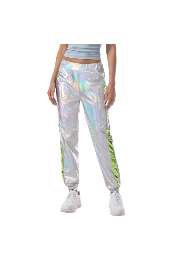 Women's Metallic Flare Pants High Waist Shiny Casual Trousers with Pockets, Stretchy Polyester Spandex for Party Performance and Daily Wear