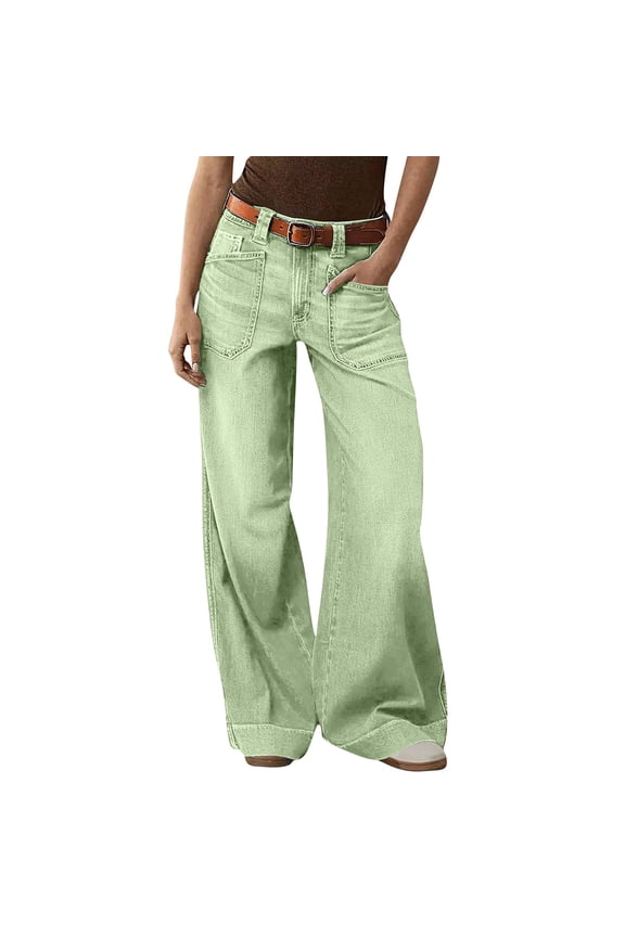 Women's Mid Rise Patch Pocket Wide Leg Jeans Loose Cuffed Hem Full Length Casual Denim Trousers