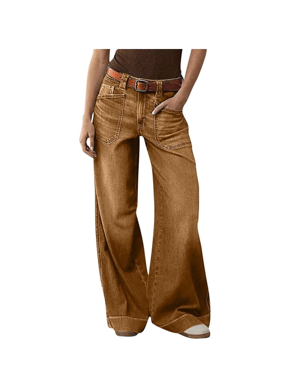 Women's Mid Rise Patch Pocket Wide Leg Jeans Loose Cuffed Hem Full Length Casual Denim Trousers