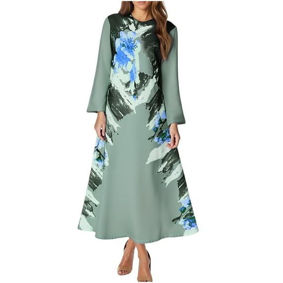 Ruimatai Women's Muslim Dress Long Sleeve V-Neck Loose Casual Maxi Dress with Floral Print, Lightweight Summer Spring Daily Wear for Dating Party Wedding