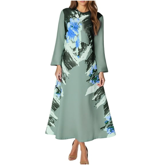 Ruimatai Women's Muslim Dress Long Sleeve V-Neck Loose Casual Maxi Dress with Floral Print for Summer Spring Daily Wear Party Wedding
