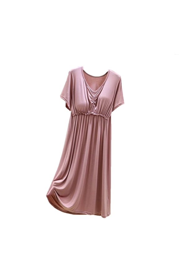 Women's Nightgown V-Neck Lace Trim Robe with Built-In Bra Soft Modal Sleepwear Home Dress