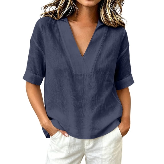 Ruimatai Women's Notch Collar V-Neck Rolled Cuff Short Sleeve Loose Fit Casual Blouses for Women Summer Everyday & Office Wear