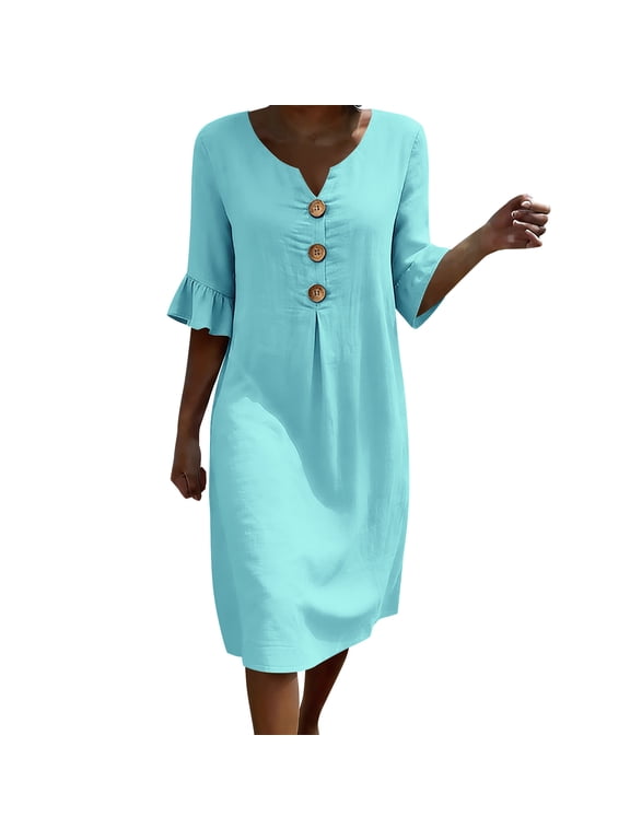 Women's Notch Neck Flounce 3/4 Sleeve Button Detail Loose Fit Casual Tunic Midi Dresses for Women Everyday & Vacation Wear