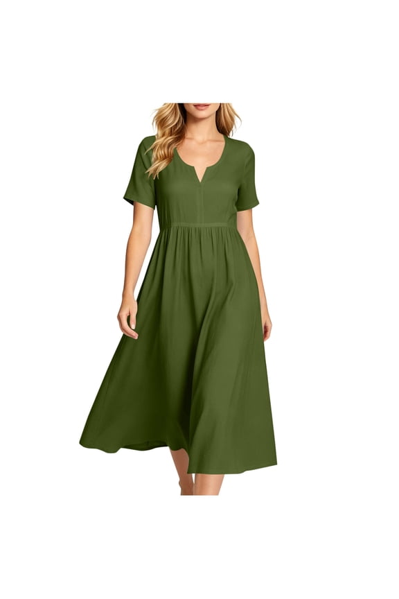 Women's Notch V-Neck Short Sleeve Empire Waist Loose Fit Casual Midi Dresses for Women Summer Everyday & Vacation Wear