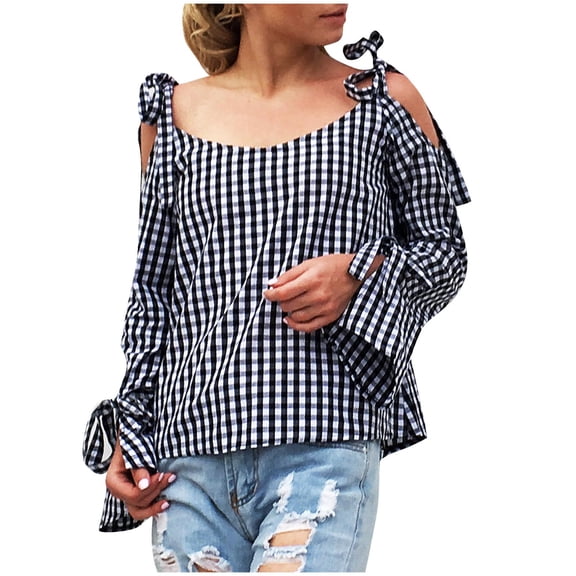 Ruimatai Women's Off Shoulder Long Sleeve Blouse Summer Casual Checkered Tie Shirt Lightweight Breathable Polyester V-Neck Loose Fit Tops