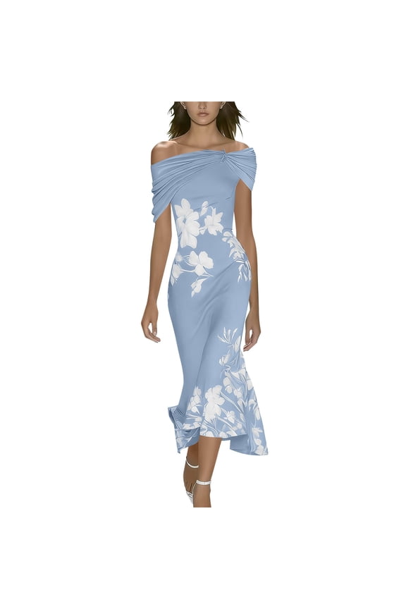 Women's Off The Shoulder Midi Dress Floral Print Bodycon Ruffle Hem for Elegant Cocktail Party Formal Wear