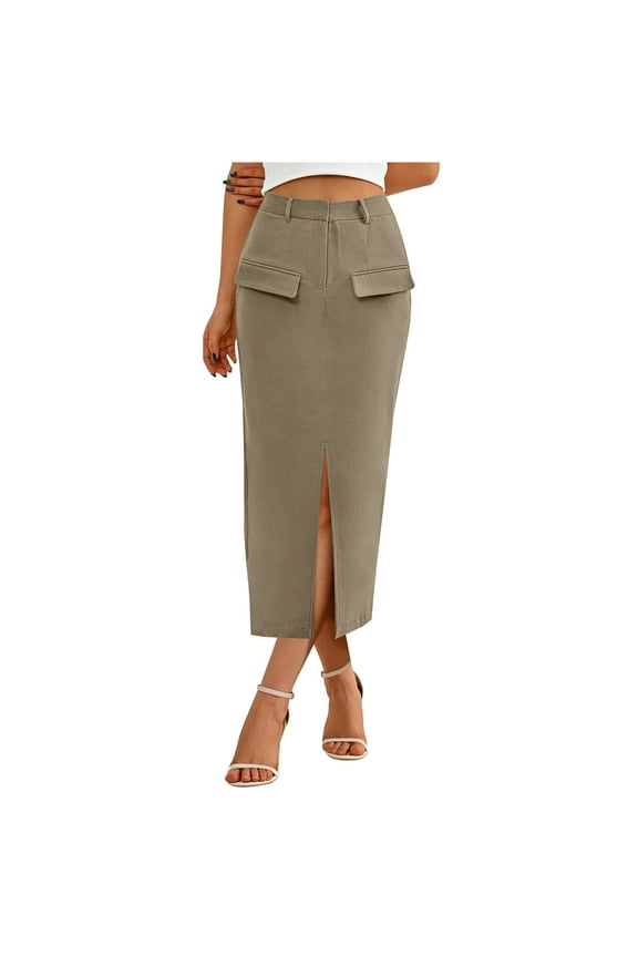 Women's Office Casual Pencil Skirt with Slit Pocket, Stretchy Bodycon Midi Skirt, High Waist Tight Work Skirt, Solid Color Polyester Skirt for Spring Summer