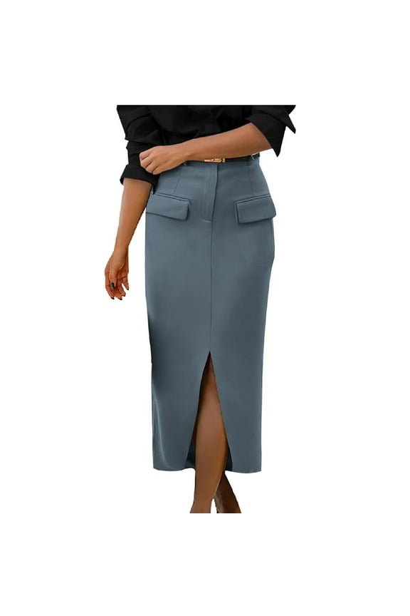 Women's Office Casual Pencil Skirt with Slit Pocket, Stretchy Bodycon Midi Skirt, High Waist Tight Work Skirt, Solid Color Polyester Skirt for Spring Summer