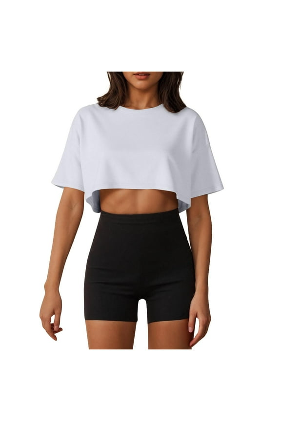 Women's Oversized Crop Top Short Sleeve Crew Neck Casual Summer Tee