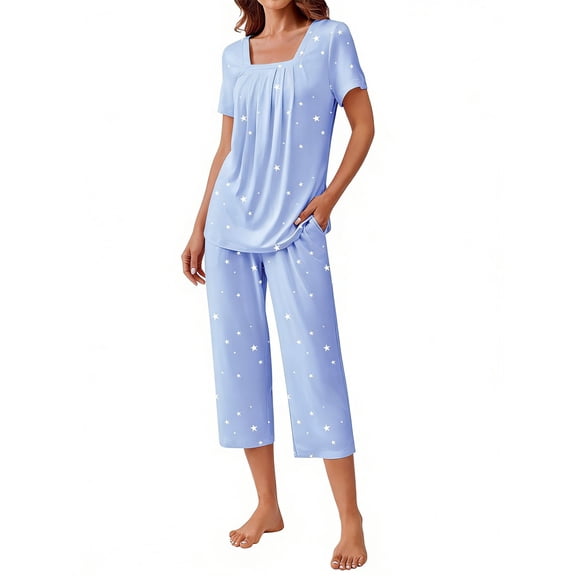 Ruimatai Women's Pajama Set Square Neck Printed Loungewear with Pockets Soft Comfortable Sleepwear Homewear Outfit