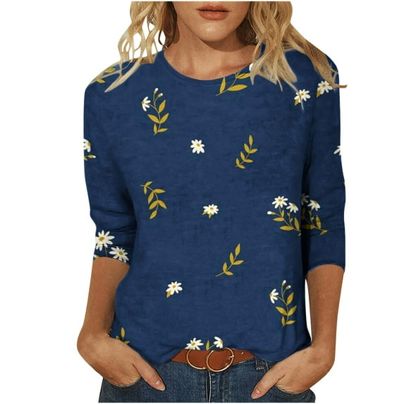Ruimatai Women's Patchwork Color Block T-Shirt 3/4 Sleeve Round Neck Casual Blouse Soft Polyester Comfortable Loose Fit Stylish Printed Top