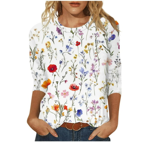 Ruimatai Women's Patchwork Color Block T-Shirt 3/4 Sleeve Round Neck Casual Blouse Soft Polyester Comfortable Loose Fit Stylish Printed Top