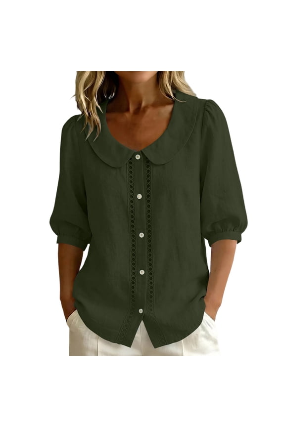 Women's Peter Pan Collar Eyelet Trim Puff Sleeve Button Down Loose Fit Casual Blouses for Women Everyday Wear