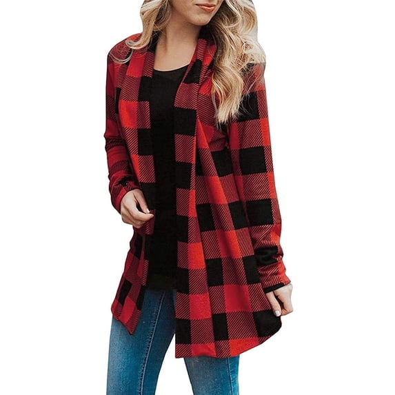 Ruimatai Women's Plaid Cardigan Long Sleeve Lightweight Coat Casual Loose Fit Printed Open Front Tops for Home Office Daily Wear