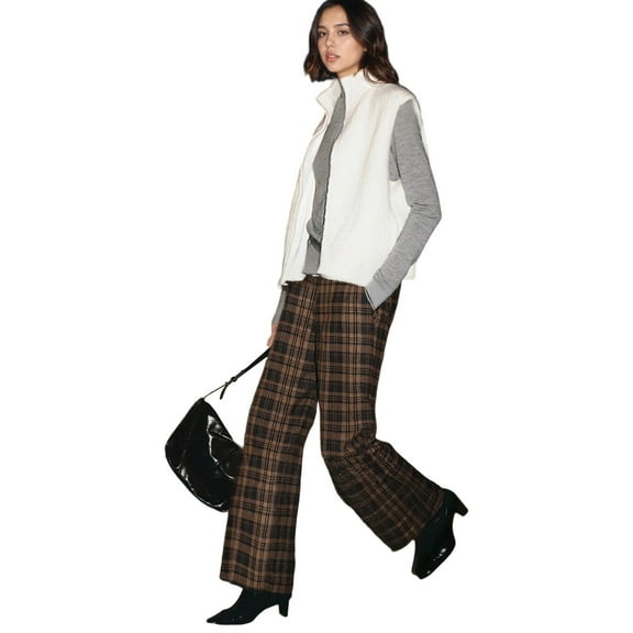 Ruimatai Women's Plaid Pants Wide Leg Trousers with Pockets Comfort Stretch Waistband Casual Loose Fit Lounge Wear Polyester