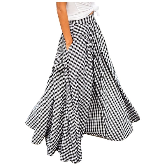 Ruimatai Women's Plaid Skirt High Waist Summer Casual Long Skirt with Zipper Flowy A-Line Skirt for Dating Party Beach Comfortable Polyester