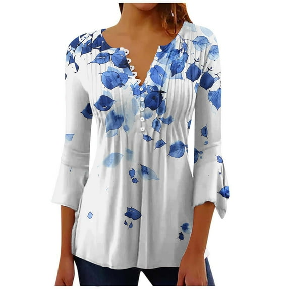 Ruimatai Women's Pleated Belted Tunic Top 3/4 Sleeve Printed Casual Button Down Shirt Flowy Blouse with Pockets