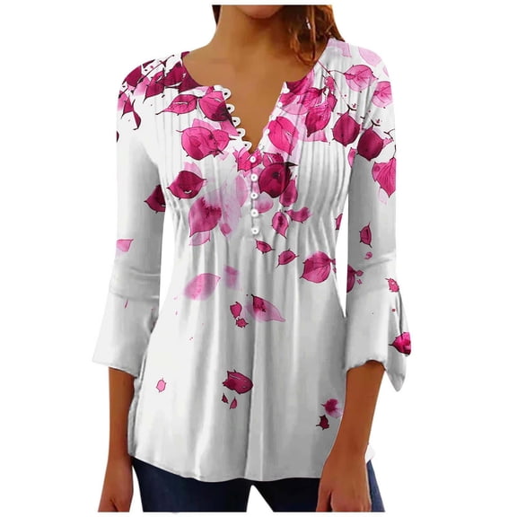 Ruimatai Women's Pleated Belted Tunic Top 3/4 Sleeve Printed Casual Button Down Shirt Flowy Blouse with Pockets