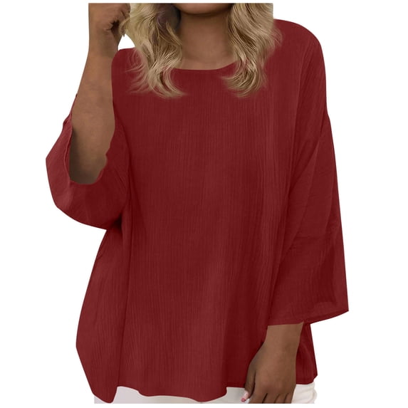 Ruimatai Women's Plus Size Casual 3/4 Sleeve Round Neck Pullover Top Soft Comfortable Loose Fit Tunic Blouse for Daily Wear