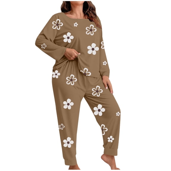 Ruimatai Women's Plus Size Casual Print Long Sleeve Pajama Set Soft Lounge Wear Two Piece Outfit with High Waist Pants