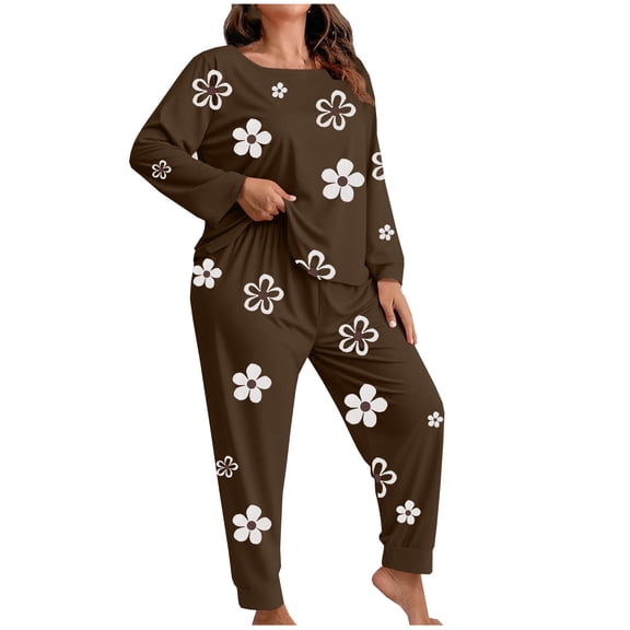 Ruimatai Women's Plus Size Casual Print Long Sleeve Pajama Set Soft Lounge Wear Two Piece Outfit with High Waist Pants