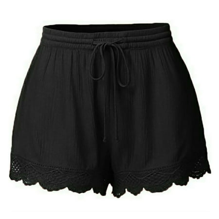 Ruimatai Women's Plus Size Elastic Waist Guipure Lace Hem Solid Shorts