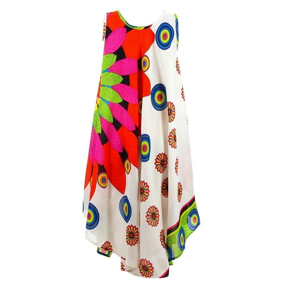 Ruimatai Women's Plus Size Ethnic Print Dress Sleeveless Tank Casual Summer Beach Party Flowy Lightweight Crew Neck Boho Maxi Dress