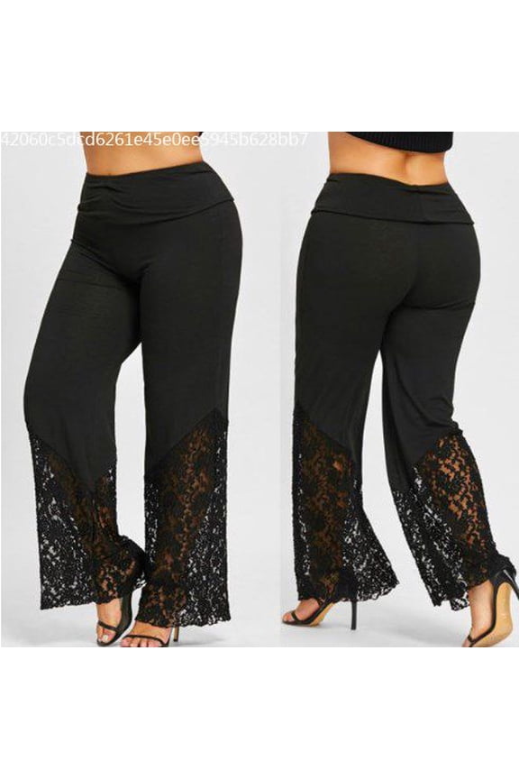 Women's Plus Size Eyelash Lace Insert Flare Leg Pants Elegant Contrast Lace Wide Waistband Pants