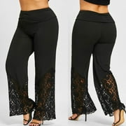 Ruimatai Women's Plus Size Eyelash Lace Insert Flare Leg Pants Elegant Contrast Lace Wide Waistband Pants