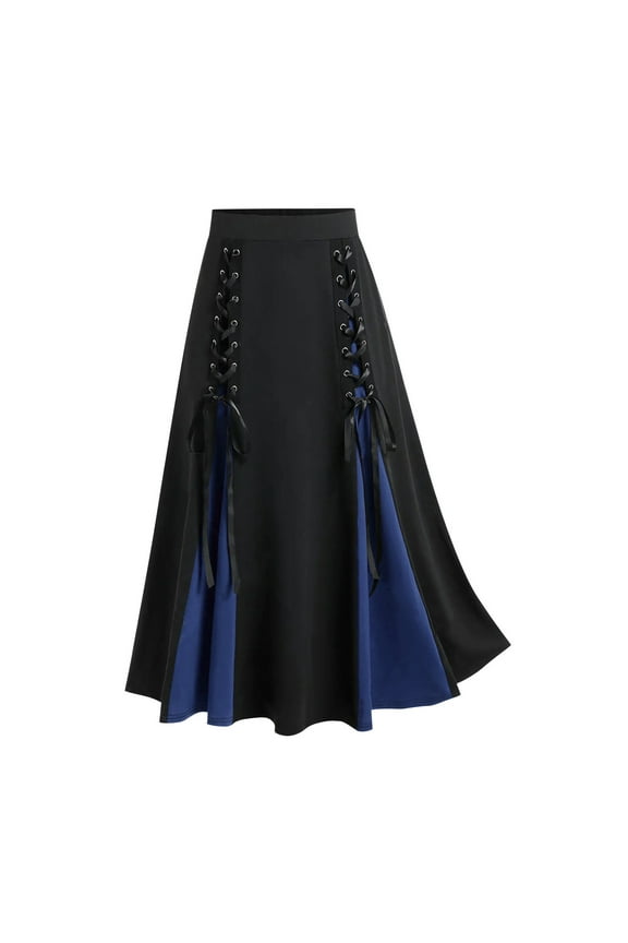 Women's Plus Size Gothic Patchwork Midi Skirt High Waist Bandage Pleated Skirt Stylish Elastic Casual Party Ankle Length