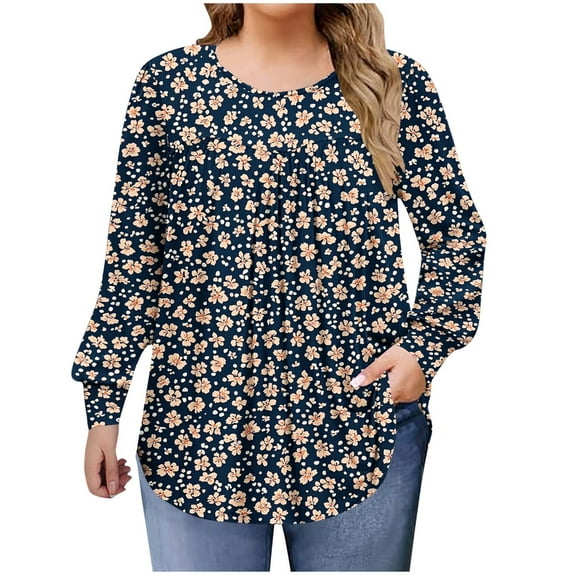 Ruimatai Women's Plus Size Casual Gradient Long Sleeve Tops Soft Comfortable Polka Dot Print Round Neck Blouses L-5XL