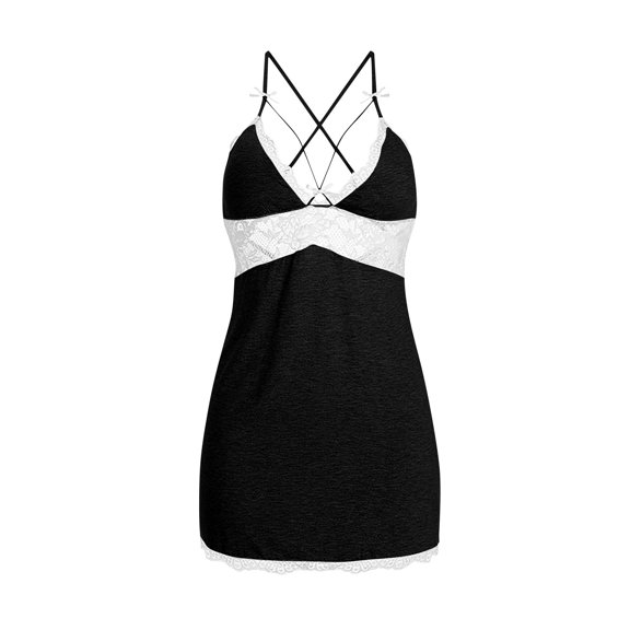 Ruimatai Women's Plus Size Lace Trim Sleepwear Set Comfortable Padded Camisole Nightgown Backless Home Dress Leather Black