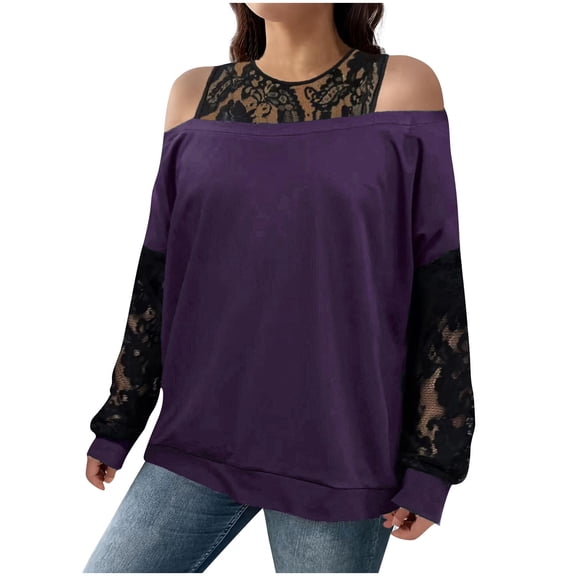 Ruimatai Women's Plus Size Off Shoulder Blouse Lace Patchwork Long Sleeve Round Neck Top Casual Party Wear Comfortable Polyester T-Shirt