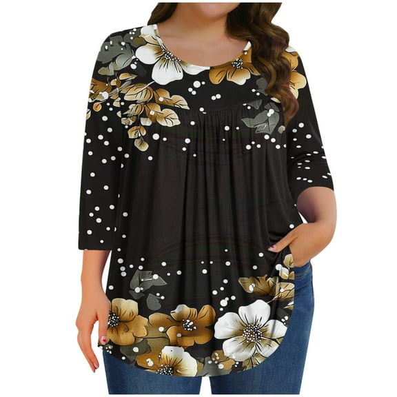 Ruimatai Women's Plus Size Printed T-Shirt Casual 3/4 Sleeve Round Neck Top Soft Comfortable Stretchy Tee Loose Fit Blouse