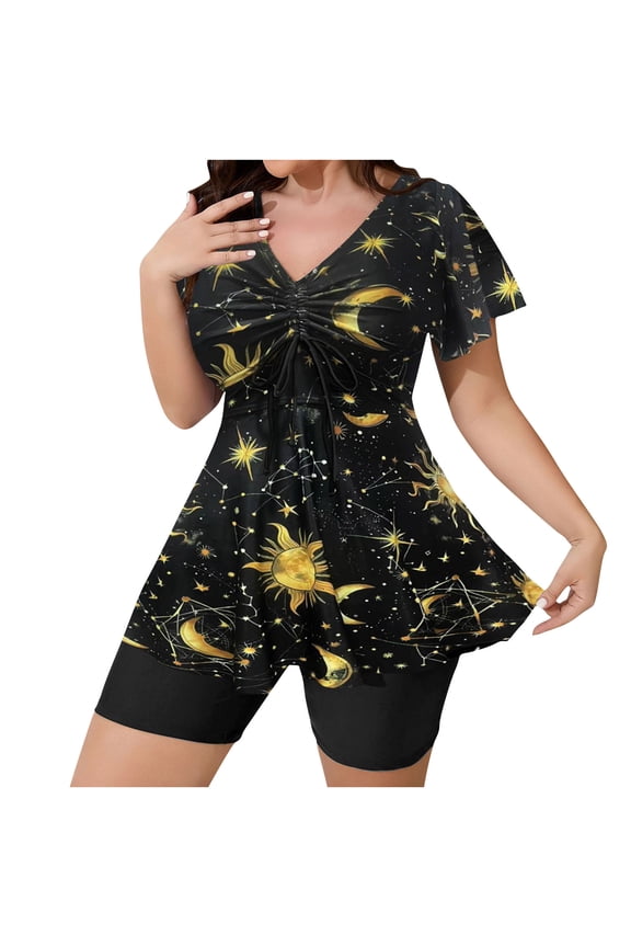 Women's Plus Size Swimsuits Two-Piece Set Vintage Printed Tankini with Shorts Modest Swimwear Tummy Control