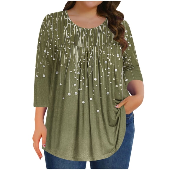 Ruimatai Women's Plus Size T-Shirt Casual Gradient Blouse Round Neck Three Quarter Sleeve Soft Polyester Top for Home Office Vacation