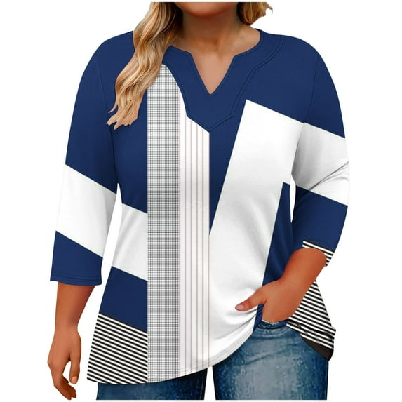 Ruimatai Women's Plus Size V-Neck 3/4 Sleeve Blouse Casual Loose Fit Printed Top Comfortable Fashion Tunic for Home Daily Wear