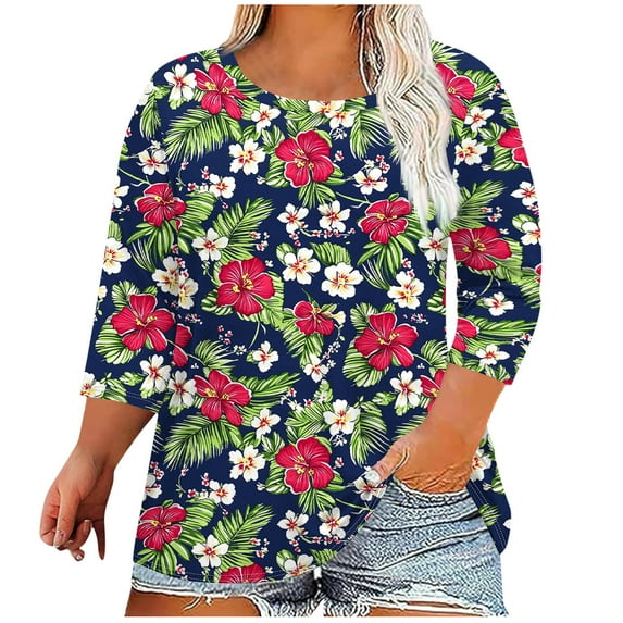 Ruimatai Women's Plus Size V-Neck 3/4 Sleeve T-Shirt Casual Loose Blouse Soft Polyester Printed Top Fashion Comfortable Daily Wear