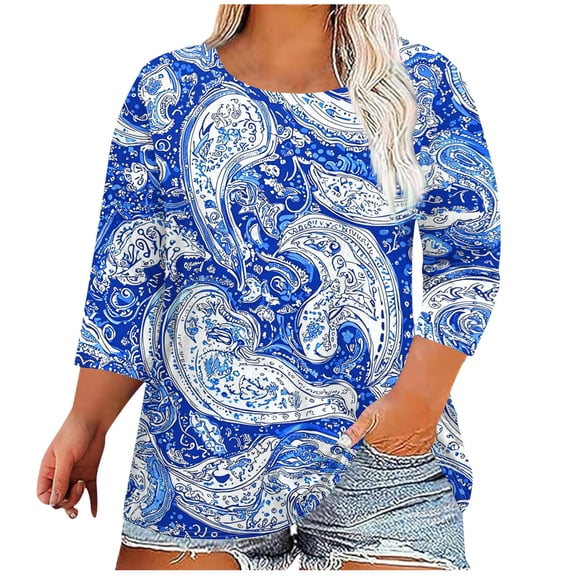 Ruimatai Women's Plus Size V-Neck 3/4 Sleeve T-Shirt Casual Loose Blouse Soft Polyester Printed Top Fashion Comfortable Daily Wear