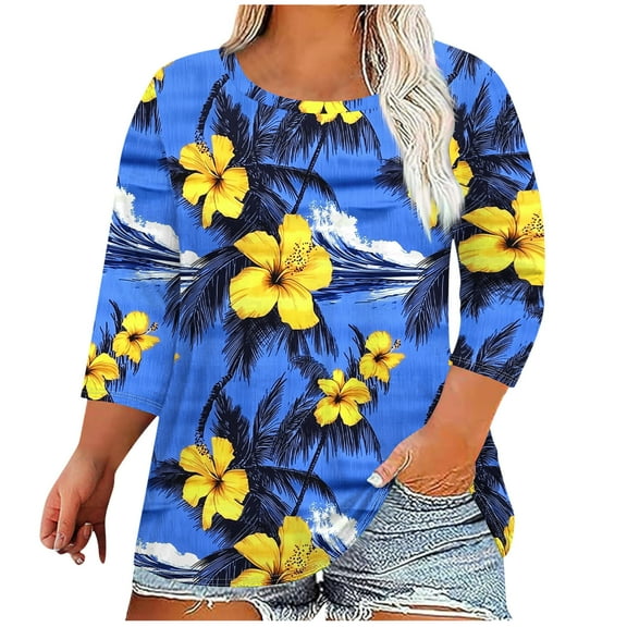 Ruimatai Women's Plus Size V-Neck 3/4 Sleeve T-Shirt Casual Loose Blouse Soft Polyester Printed Top Fashion Comfortable Daily Wear