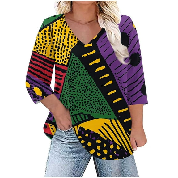 Ruimatai Women's Plus Size V-Neck 3/4 Sleeve T-Shirt Loose Casual Blouse Soft Comfortable Fashion Printed Top for Daily Wear Home Office