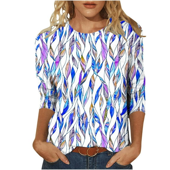 Ruimatai Women's Printed 3/4 Sleeve T-Shirt Round Neck Casual Blouse Loose Fit Comfortable Fashion Top for Home Daily Wear
