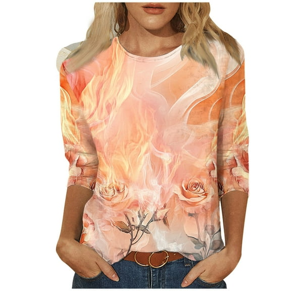Ruimatai Women's Printed 3/4 Sleeve T-Shirt Round Neck Casual Blouse Loose Fit Comfortable Fashion Top for Home Daily Wear