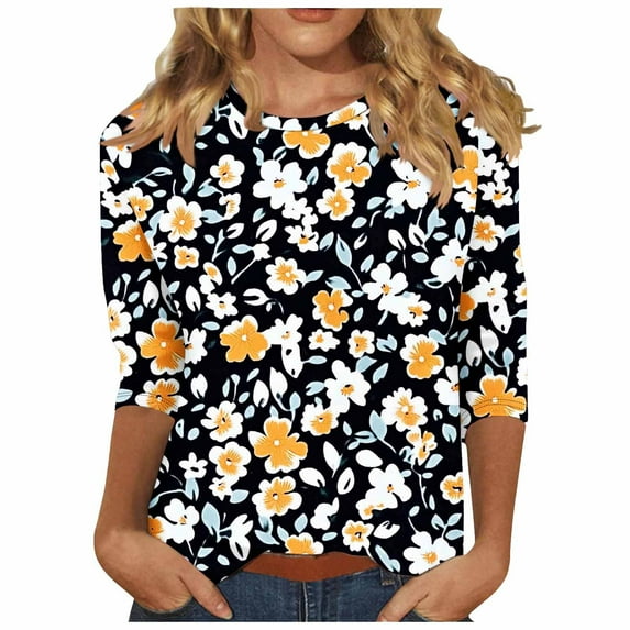 Ruimatai Women's Printed 3/4 Sleeve T-Shirt Round Neck Casual Blouse Loose Fit Comfortable Fashion Top for Home Daily Wear