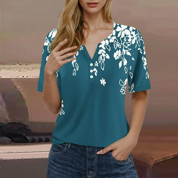Ruimatai Women's Printed Short Sleeve Blouse Round Neck Casual Tops Flowy Loose Fit Summer Tunic Shirt V-Neck Tee