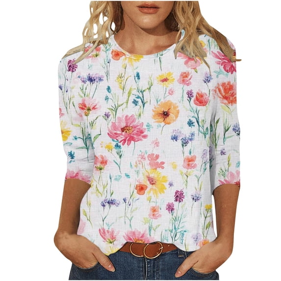 Ruimatai Women's Printed T-Shirt 3/4 Sleeve Crew Neck Loose Fit Casual Comfortable Soft Stretchable Summer Top