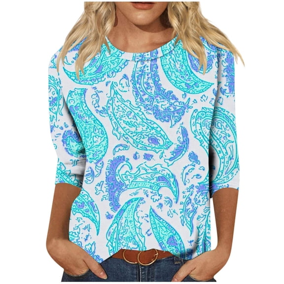 Ruimatai Women's Printed T-Shirt 3/4 Sleeve Round Neck Casual Blouse Soft Comfortable Stretch Fit Fashion Top for Everyday Wear